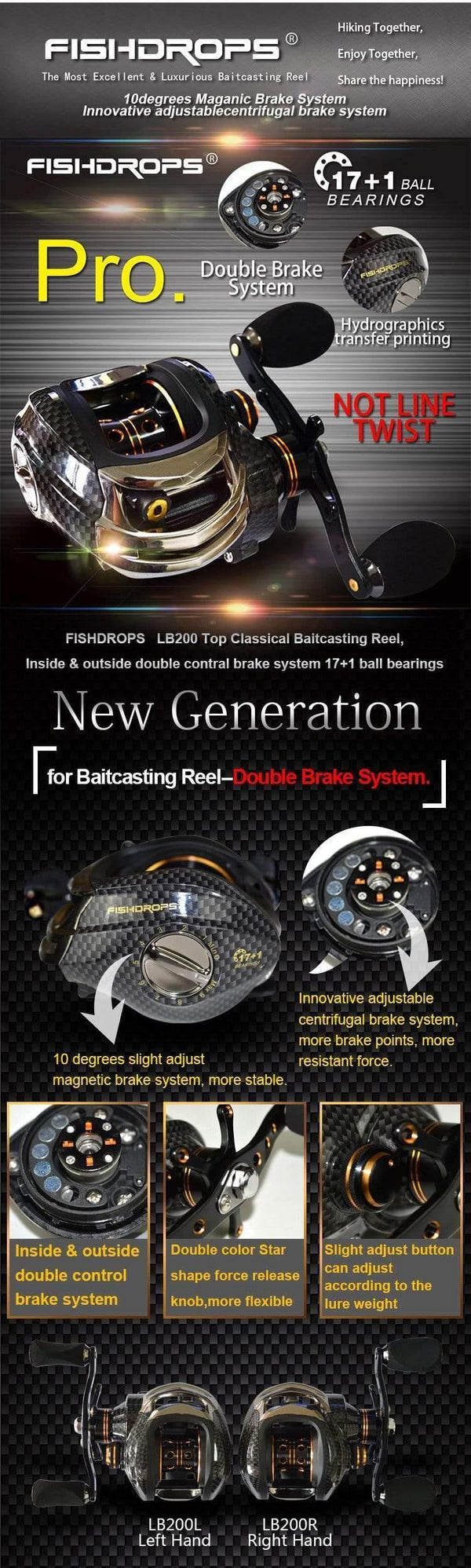 Planet Gates Double Brake Baitcasting Reel 17BB+1RB Fishing Gear Water Drop Wheel 7.0:1 Ratio Bait Casting Fishing Reel Lure Reel