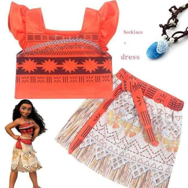 Planet Gates dress and necklace 3 / 3T Kids Girl Princess Party Dress Moana Adventure Elsa Clothing Girls Dress Set with wig and Necklace baby Vaiana Cosplay Clothes