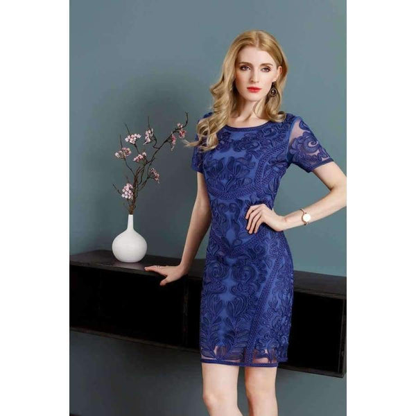 Planet Gates Dress Vestidos De Feta Women O-Neck Allover Appliques Embroidery Short Sleeve Bodycon Dark Blue Pink Dress Events Party