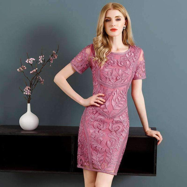 Planet Gates Dress Vestidos De Feta Women O-Neck Allover Appliques Embroidery Short Sleeve Bodycon Dark Blue Pink Dress Events Party