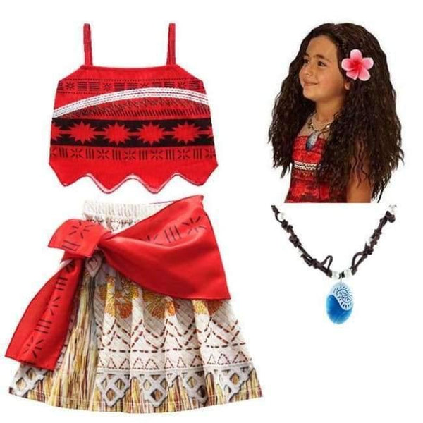 Planet Gates dress wig necklace / 3T Kids Girl Princess Party Dress Moana Adventure Elsa Clothing Girls Dress Set with wig and Necklace baby Vaiana Cosplay Clothes
