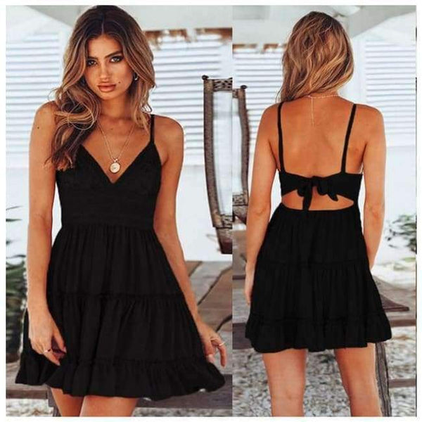 Planet Gates dresses Black / S Summer Women Lace Dress Sexy Backless V-neck Beach Dresses 2018 Fashion Sleeveless Spaghetti Strap White Casual Mini Sundress