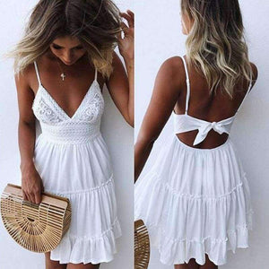 Planet Gates dresses Summer Women Lace Dress Sexy Backless V-neck Beach Dresses 2018 Fashion Sleeveless Spaghetti Strap White Casual Mini Sundress
