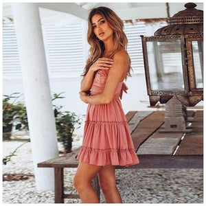 Planet Gates dresses Summer Women Lace Dress Sexy Backless V-neck Beach Dresses 2018 Fashion Sleeveless Spaghetti Strap White Casual Mini Sundress