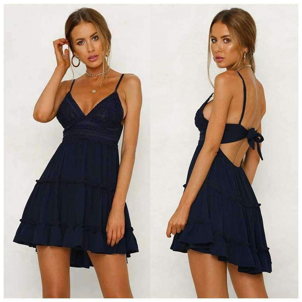 Planet Gates dresses Summer Women Lace Dress Sexy Backless V-neck Beach Dresses 2018 Fashion Sleeveless Spaghetti Strap White Casual Mini Sundress