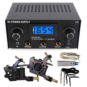 Planet Gates Dual Digital Tattoo Machine Power Supply with 2 pcs Coils Liner and Shader Tattoo Machine Gun Foot Switch and Clip Cord Kit