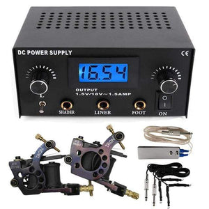 Planet Gates Dual Digital Tattoo Machine Power Supply with 2 pcs Coils Liner and Shader Tattoo Machine Gun Foot Switch and Clip Cord Kit
