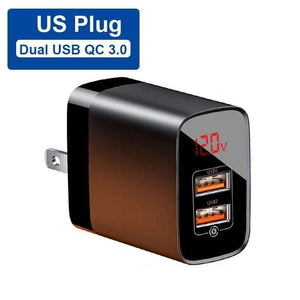 Baseus US Plug 18W Charger USB C PD Fast Charging Wall Charger Quick Charge 3.0 Dual USB Ports Charger with Digital Display