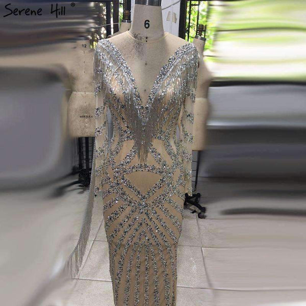 Planet Gates Dubai Nude Slim Mermaid Evening Dresses 2018 Long Sleeves Beading Tassel Fashion  Formal Evening Gown BLA6594