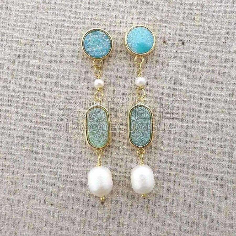 Planet Gates E081815 White Pearl Quartz Blue Druzy Earrings