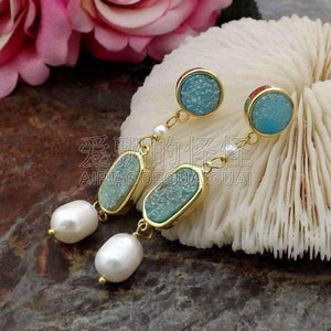 Planet Gates E081815 White Pearl Quartz Blue Druzy Earrings