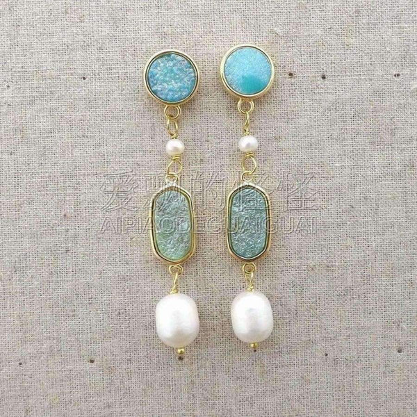 Planet Gates E081815 White Pearl Quartz Blue Druzy Earrings