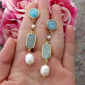 Planet Gates E081815 White Pearl Quartz Blue Druzy Earrings
