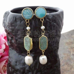 Planet Gates E081815 White Pearl Quartz Blue Druzy Earrings