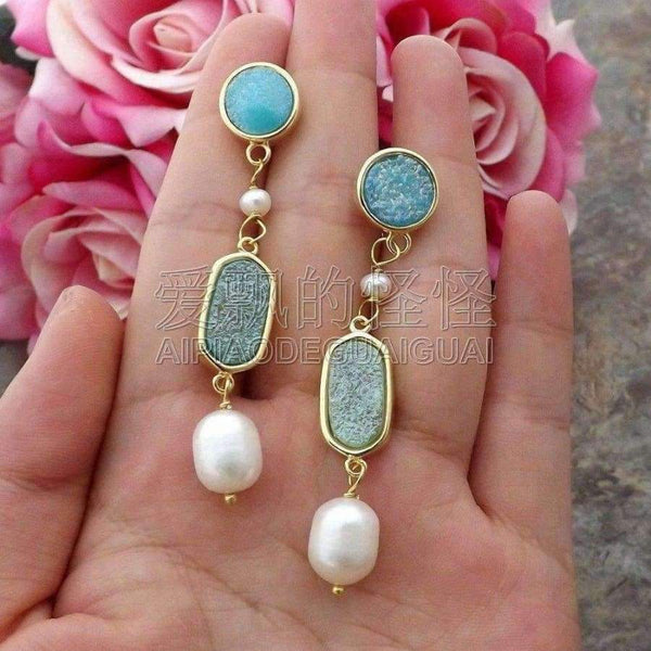 Planet Gates E081815 White Pearl Quartz Blue Druzy Earrings