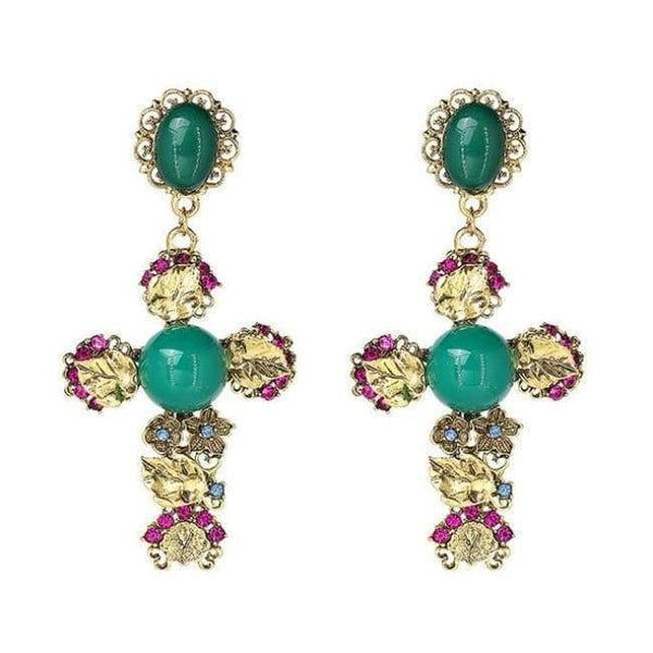 Planet Gates E3508GN Vintage Boho Crystal Cross Drop Earrings for Women Baroque Bohemian Large Long Earrings Jewelry Brincos 2018