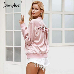 Planet Gates Elegant satin basic jacket coat Women lace up pocket biker jacket outwear Autumn winter casual zipper bomber jacket