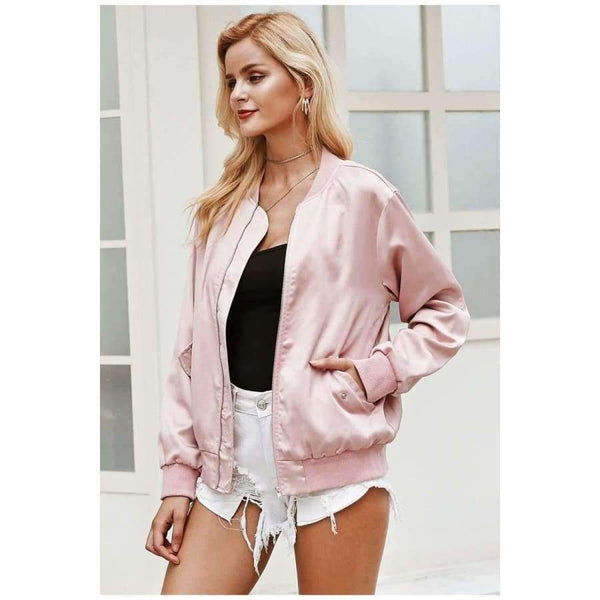 Planet Gates Elegant satin basic jacket coat Women lace up pocket biker jacket outwear Autumn winter casual zipper bomber jacket