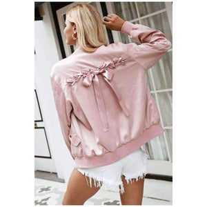 Planet Gates Elegant satin basic jacket coat Women lace up pocket biker jacket outwear Autumn winter casual zipper bomber jacket