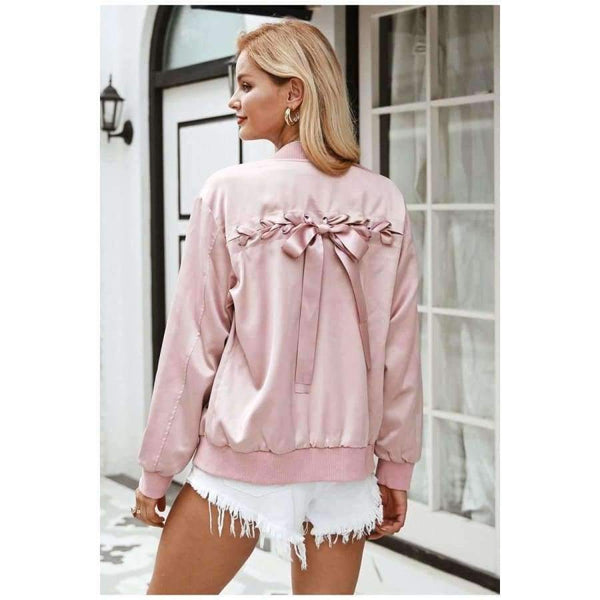 Planet Gates Elegant satin basic jacket coat Women lace up pocket biker jacket outwear Autumn winter casual zipper bomber jacket