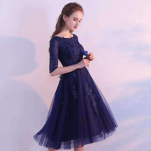 Planet Gates Elegant Short Lace Cocktail Dresses The Bride Banquet Navy Blue Half-sleeved Appliques Knee-length Party Formal Gown