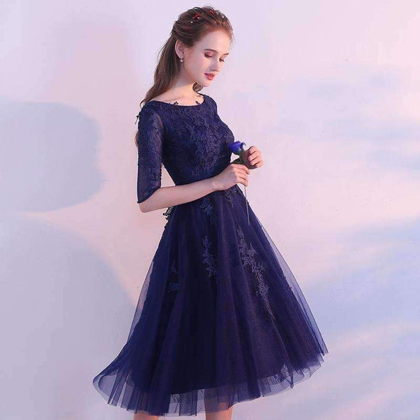 Planet Gates Elegant Short Lace Cocktail Dresses The Bride Banquet Navy Blue Half-sleeved Appliques Knee-length Party Formal Gown