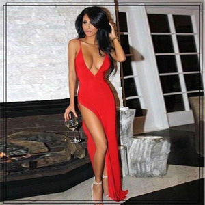 Planet Gates Elegant Solid Maxi Dress Sleeveles Party Dress Evening Club Bodycon Sundress Clubwear High Slit Deep V Neck Sexy