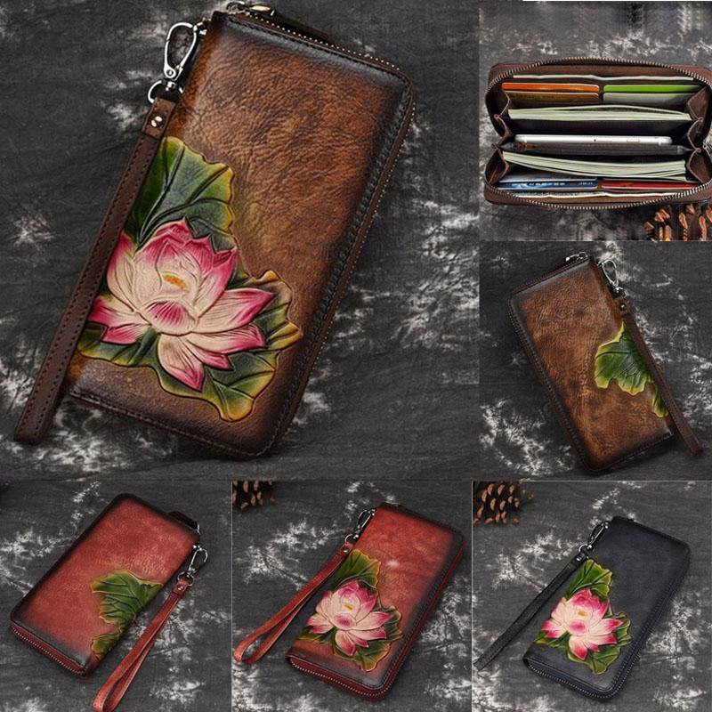 Planet Gates Embossing Genuine Leather Wallet  for Women Clutch Bag Zipper New Vintage Flower Long Wallet Purse  Clutch Female Luxury Wallet