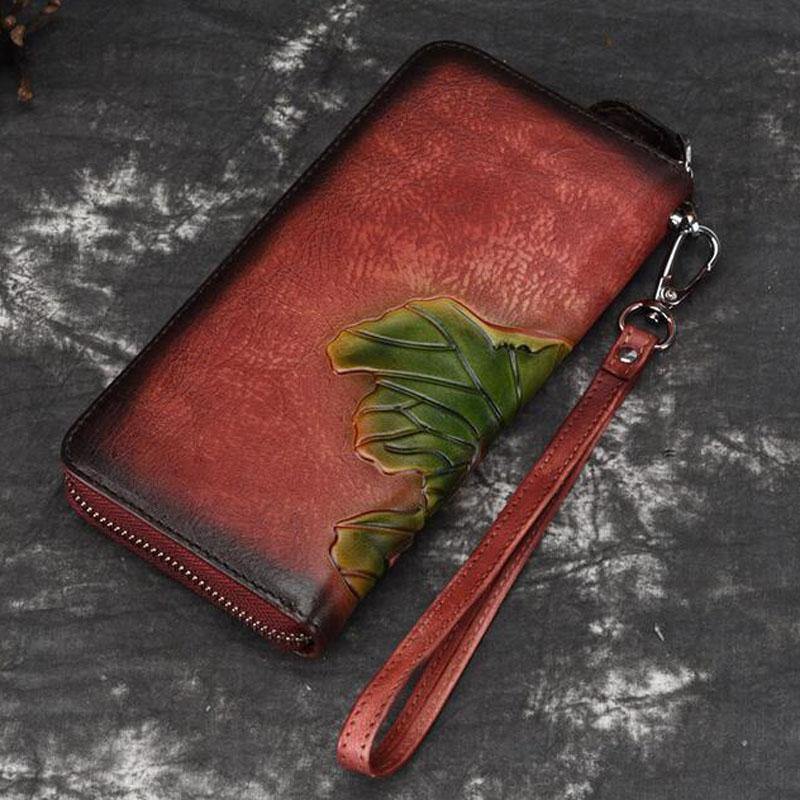 Planet Gates Embossing Genuine Leather Wallet  for Women Clutch Bag Zipper New Vintage Flower Long Wallet Purse  Clutch Female Luxury Wallet