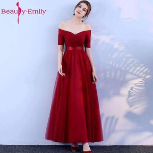 Planet Gates -Emily Long Purple Red Gray Cheap Bridesmaid Dresses 2018 A-Line Off the Shoulder Half Sleeve Vestido da dama de honra