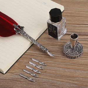 Planet Gates English Calligraphy Feather Dip Pen Writing Ink Set Stationery Gift Box with 5 Nib