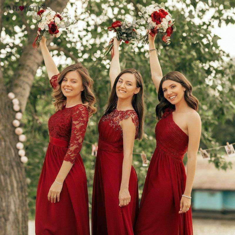 Planet Gates EP07412BD / 4 / China Burgundy Bridesmaid Dresses Long Chiffon Applique Cheap Floor Length Wedding Bridesmaid Gown Formal Party Gowns