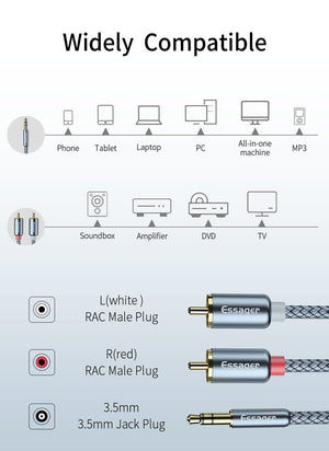 Planet Gates Essager RCA Audio Cable Jack 3.5 to 2 RCA Cable 3.5mm Jack to 2RCA Male Splitter Aux Cable for TV PC Amplifiers DVD Speaker Wire