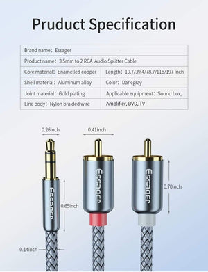 Planet Gates Essager RCA Audio Cable Jack 3.5 to 2 RCA Cable 3.5mm Jack to 2RCA Male Splitter Aux Cable for TV PC Amplifiers DVD Speaker Wire