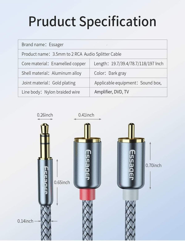 Planet Gates Essager RCA Audio Cable Jack 3.5 to 2 RCA Cable 3.5mm Jack to 2RCA Male Splitter Aux Cable for TV PC Amplifiers DVD Speaker Wire