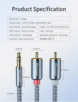 Planet Gates Essager RCA Cable 3.5mm Jack to 2 RCA Aux Audio Cable 3.5 mm to 2RCA Male Adapter Splitter for TV Box apple tv Speaker Wire Cord