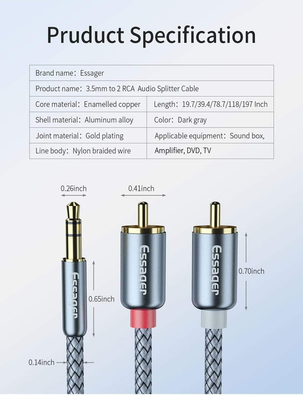 Planet Gates Essager RCA Cable 3.5mm Jack to 2 RCA Aux Audio Cable 3.5 mm to 2RCA Male Adapter Splitter for TV Box apple tv Speaker Wire Cord