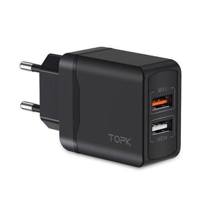 Planet Gates EU Black TOPK Quick Charge 3.0 18W QC 3.0 Dual USB Charger Adapter EU Plug Travel Wall Mobile Phone Charger for iPhone Samsung Xiaomi