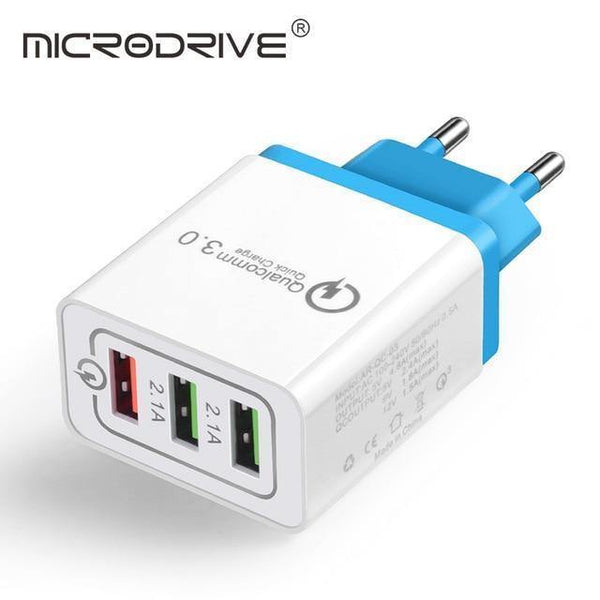 Planet Gates EU Light blue Quick Charging QC 3.0 Smart Charger 3 USB Port Mobile Phone Flash Adapter EU Plug US Plug Travel 18W Portable Wall Charger