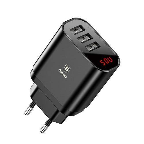 Planet Gates EU Plug Black LED Display 3 USB Charger, Baseus Mobile Phone USB Charger Fast Charging Wall Charger For iPhone Samsung Xiaomi 3.4A Max Charger