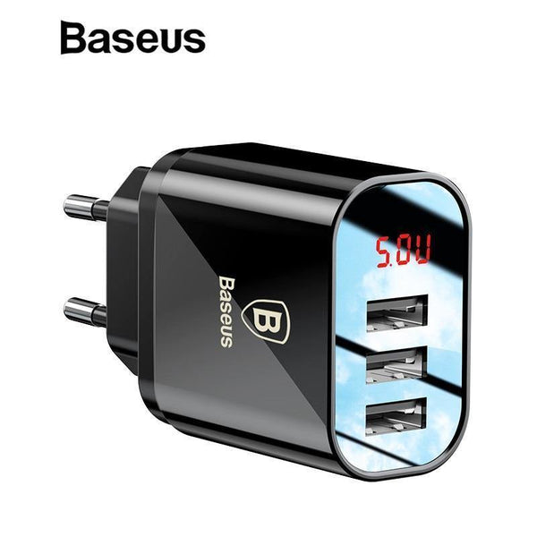 Planet Gates EU Plug Black LED Display 3 USB Charger, Baseus Mobile Phone USB Charger Fast Charging Wall Charger For iPhone Samsung Xiaomi 3.4A Max Charger