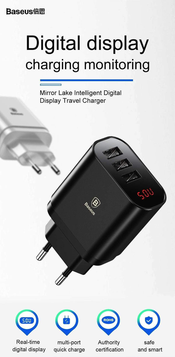 Planet Gates EU Plug Black LED Display 3 USB Charger, Baseus Mobile Phone USB Charger Fast Charging Wall Charger For iPhone Samsung Xiaomi 3.4A Max Charger