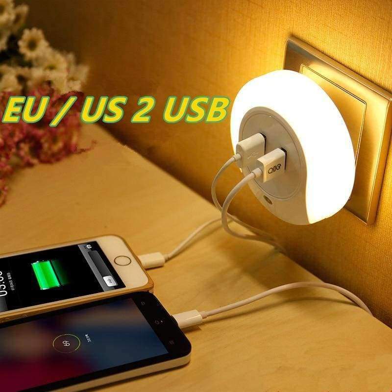 Planet Gates EU plug LED night light sensor 2 USB Charging socket LED 110V 220V 0.5W automatic night lamp intelligence warm white light for bedroom