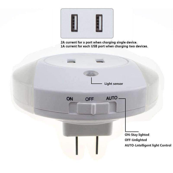 Planet Gates EU plug LED night light sensor 2 USB Charging socket LED 110V 220V 0.5W automatic night lamp intelligence warm white light for bedroom