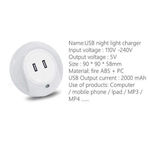 Planet Gates EU plug LED night light sensor 2 USB Charging socket LED 110V 220V 0.5W automatic night lamp intelligence warm white light for bedroom