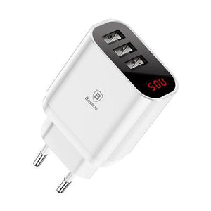 Planet Gates EU Plug White LED Display 3 USB Charger, Baseus Mobile Phone USB Charger Fast Charging Wall Charger For iPhone Samsung Xiaomi 3.4A Max Charger