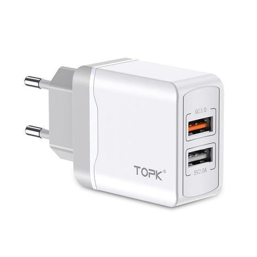 Planet Gates EU White TOPK Quick Charge 3.0 18W QC 3.0 Dual USB Charger Adapter EU Plug Travel Wall Mobile Phone Charger for iPhone Samsung Xiaomi