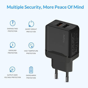 Planet Gates EU White TOPK Quick Charge 3.0 18W QC 3.0 Dual USB Charger Adapter EU Plug Travel Wall Mobile Phone Charger for iPhone Samsung Xiaomi