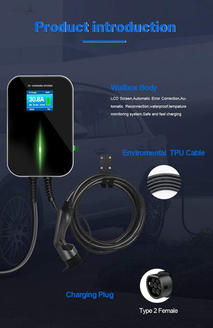 Planet Gates EV Charger 32A 1 Phase 7.2KW Wallmount Electric Vehicle Charging Station EVSE Wallbox with Type 2 Plug IEC 62196-2 Free Hook