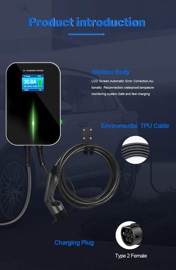 Planet Gates EV Charger 32A 1 Phase 7.2KW Wallmount Electric Vehicle Charging Station EVSE Wallbox with Type 2 Plug IEC 62196-2 Free Hook
